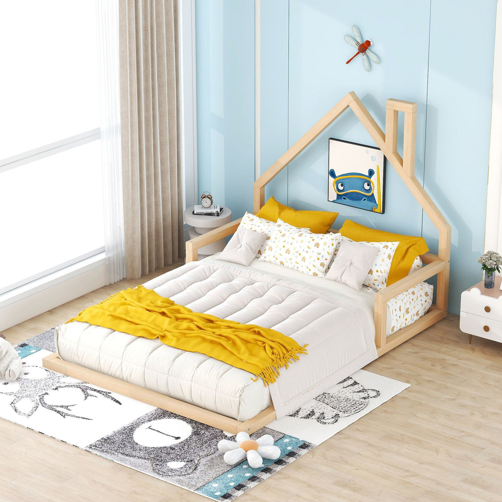 Elegant Floor Bed With House Shaped Headboard - Full Size Solid Wood