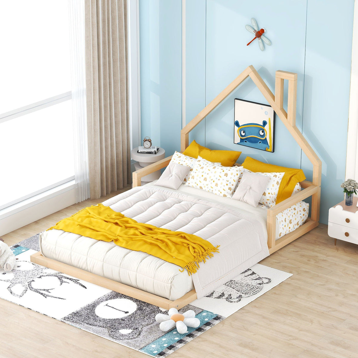 Elegant Floor Bed With House Shaped Headboard - Full Size Solid Wood