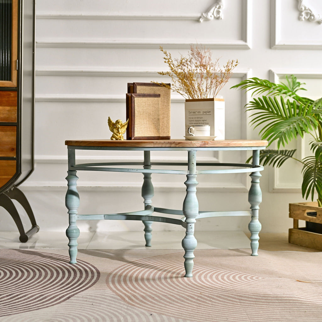 Round Top Carved Coffee Table with Metal Legs - Light Brown