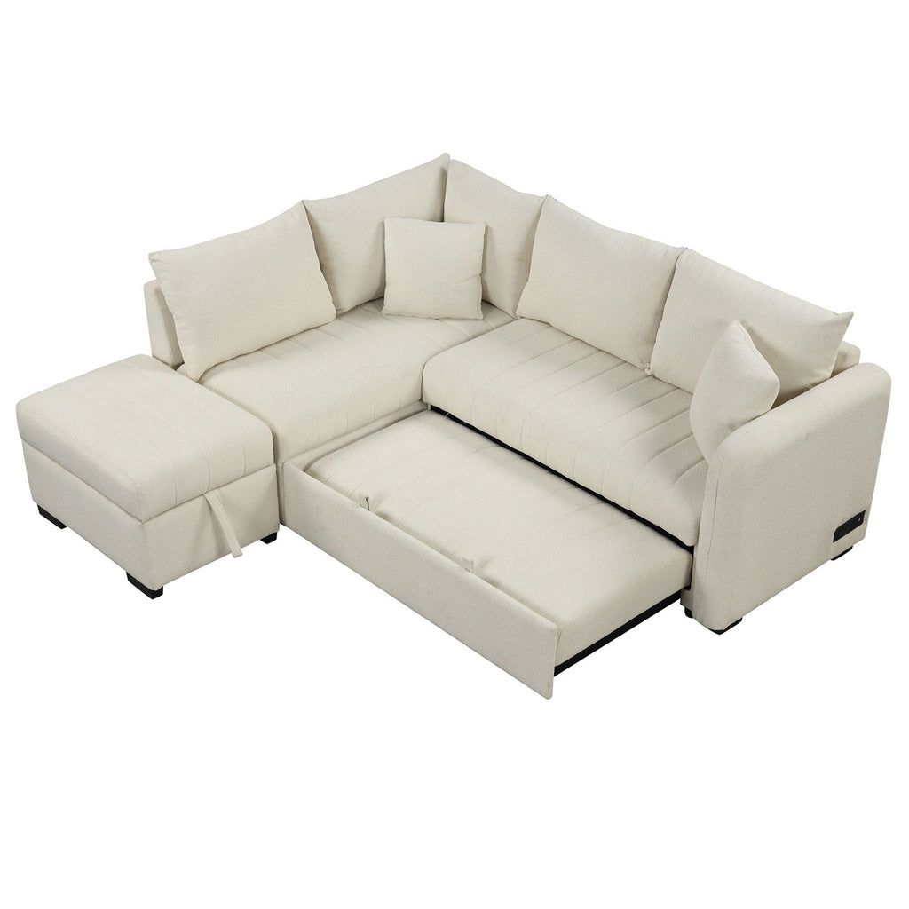 L-Shaped Sleeper Sectional with Pull-Out Bed and Storage Ottoman - Gray or Beige
