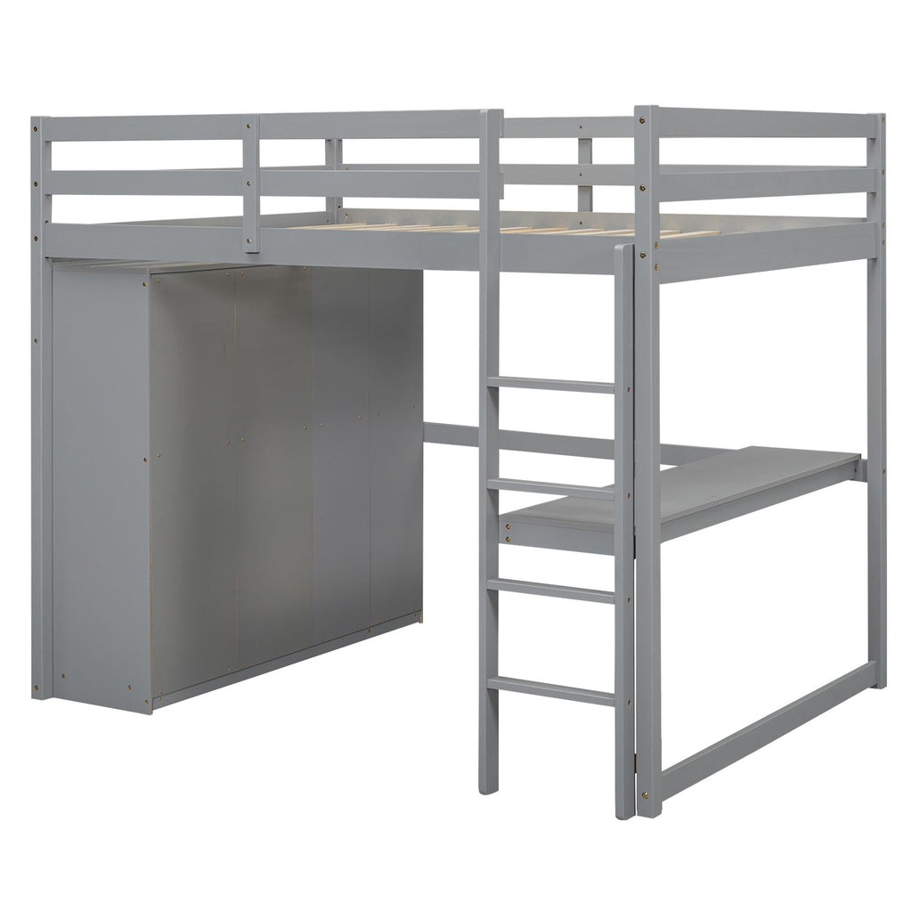 Full Size Loft Bed with Built-In Wardrobe, Shelves, and Drawers - White or Dark Gray