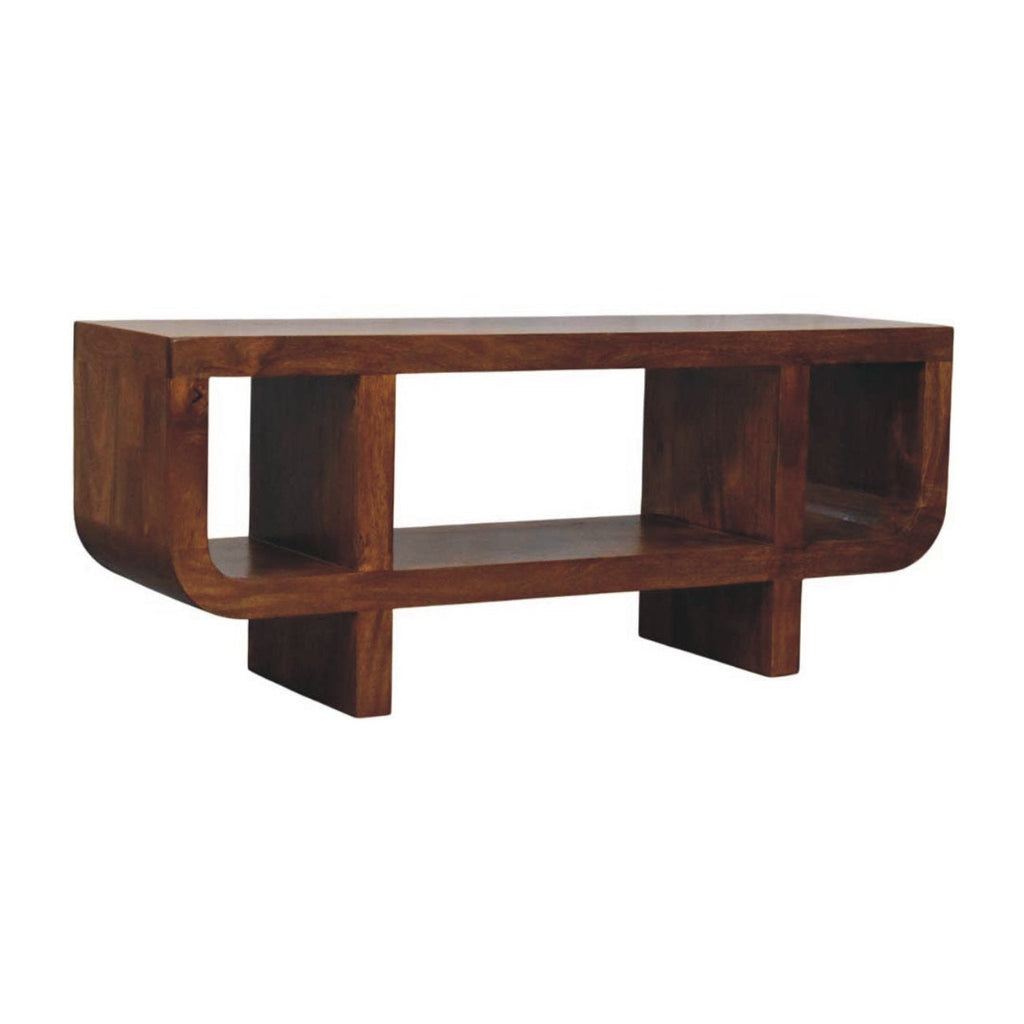 Solid Wood Orion Curved Media Unit with Open Shelves - Chestnut Finish
