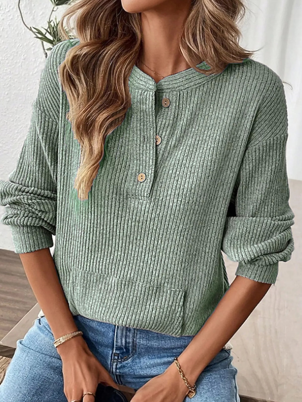 Ribbed Button Detail Long Sleeve T-Shirt