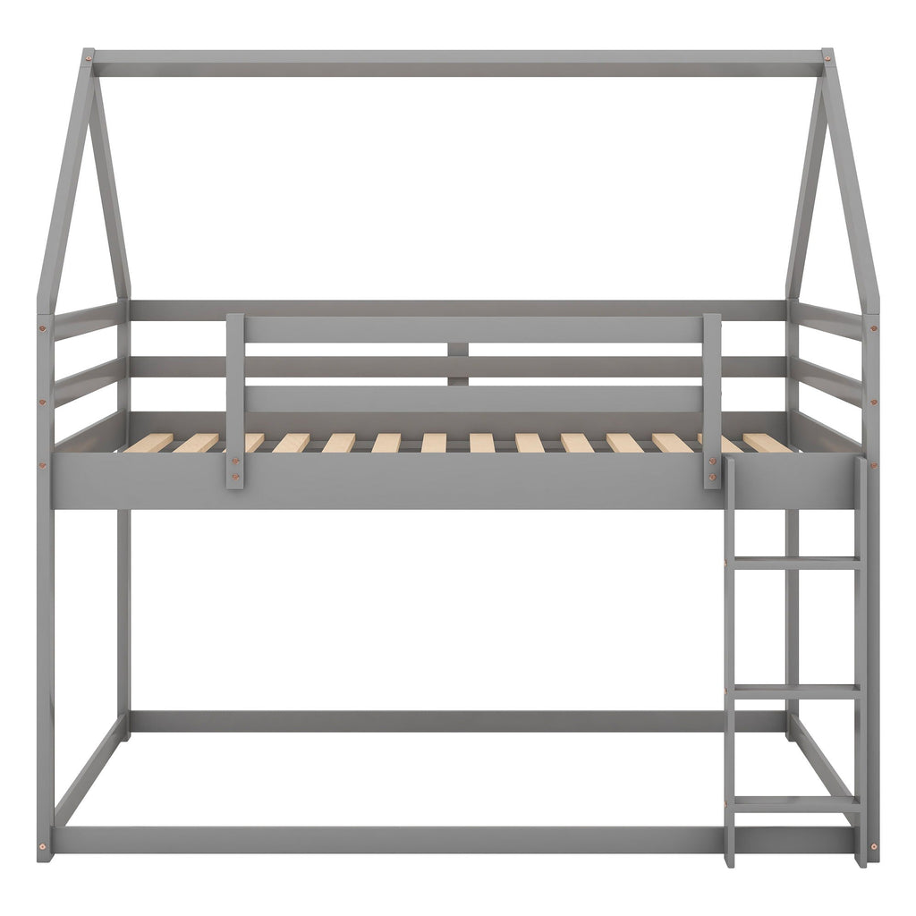 Low Bunk Bed With House Shaped Frame and Ladder - Twin Over Twin