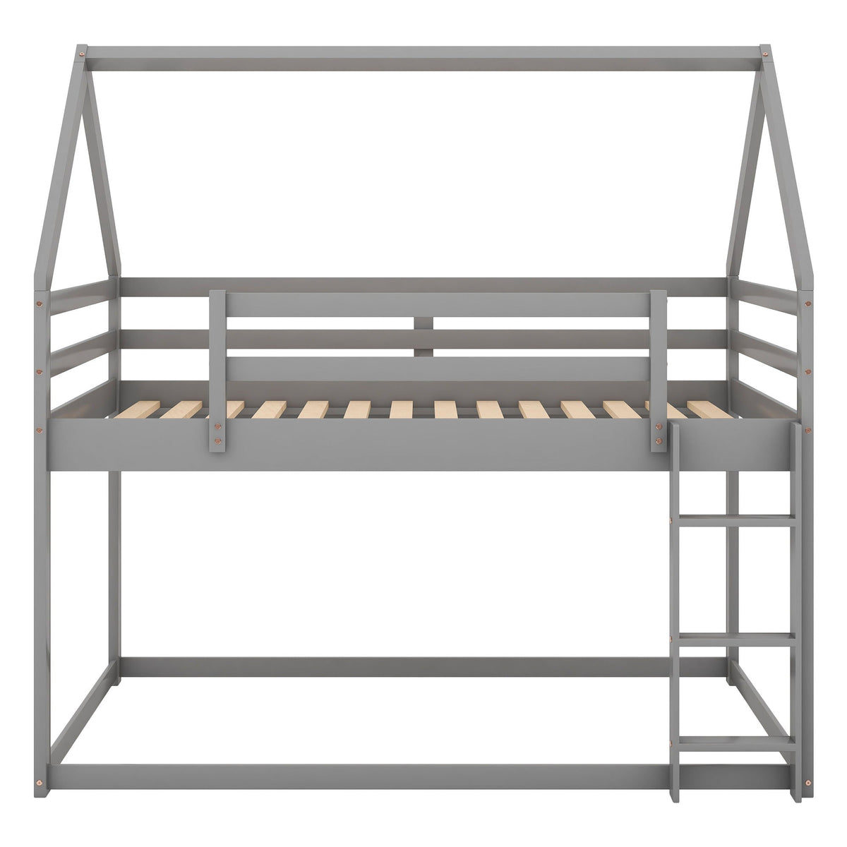 Low Bunk Bed With House Shaped Frame and Ladder - Twin Over Twin