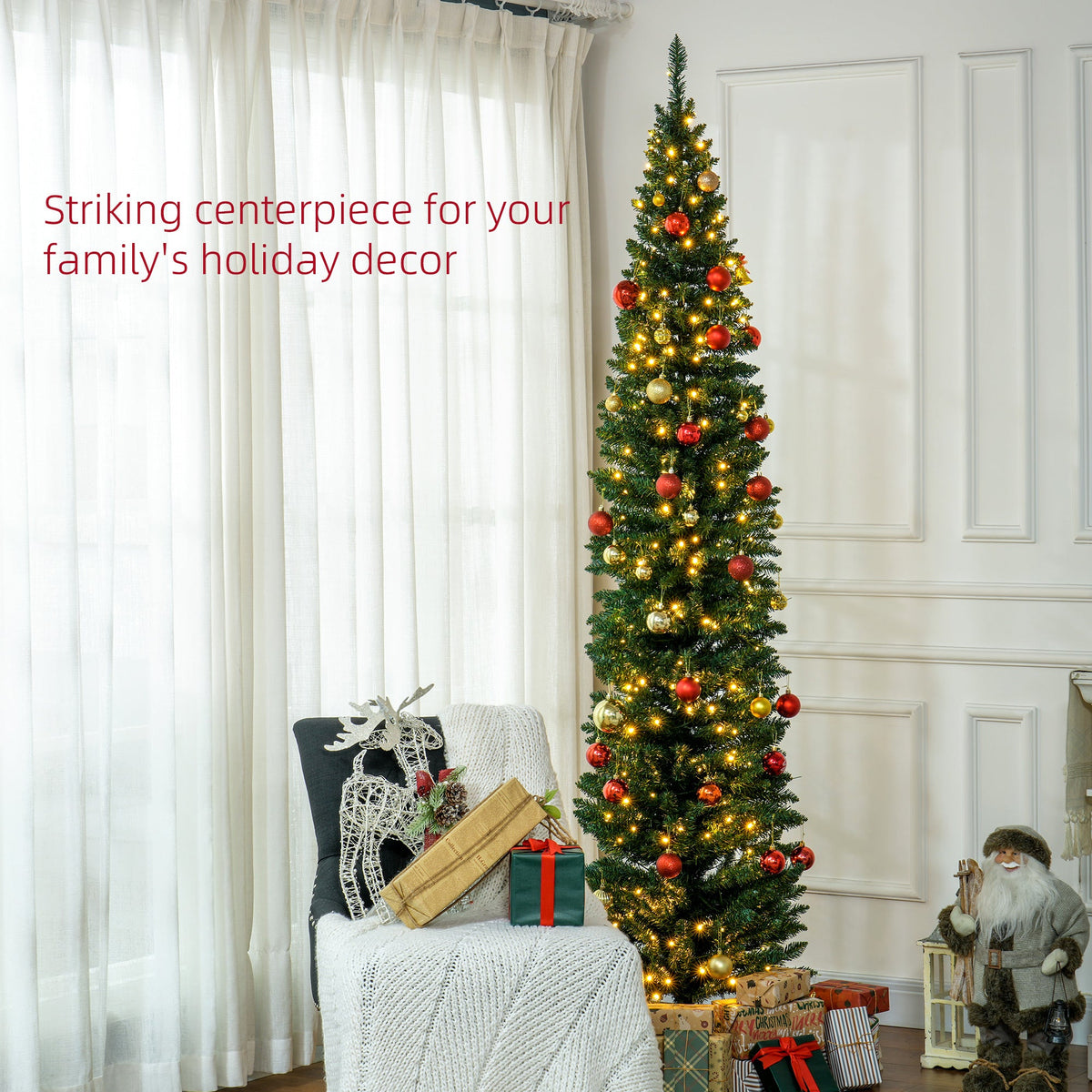 8' Slim Noble Fir Artificial Christmas Tree with Warm LED Lights - Green