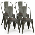 4 Pieces Tolix Style Metal Dining Side Chair Stackable Wood Seat