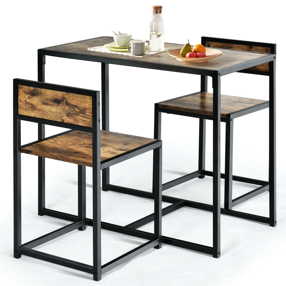 3 Pcs Dining Set Compact Table and 2 Chair with Metal Frame for for Small Space
