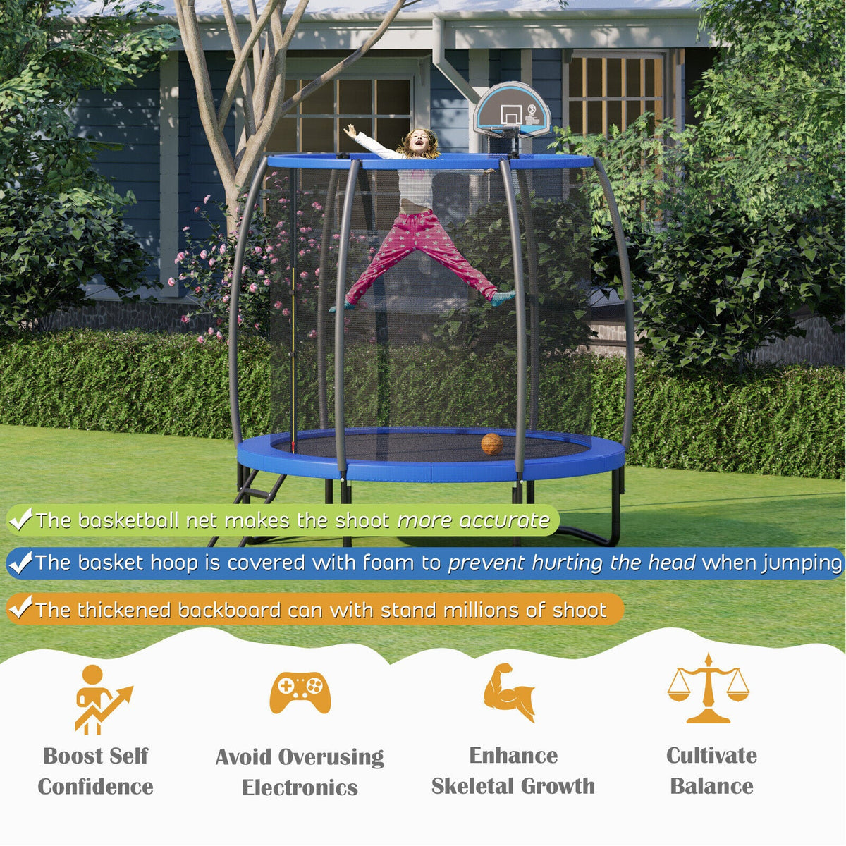 8/10 Feet Recreational Trampoline with Basketball Hoop