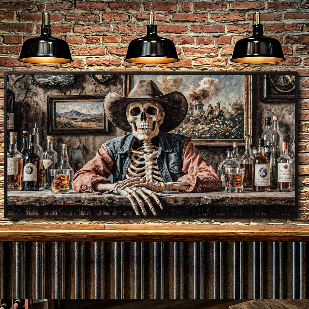 Skeleton Cowboy Barman At Western Saloon Wall Art