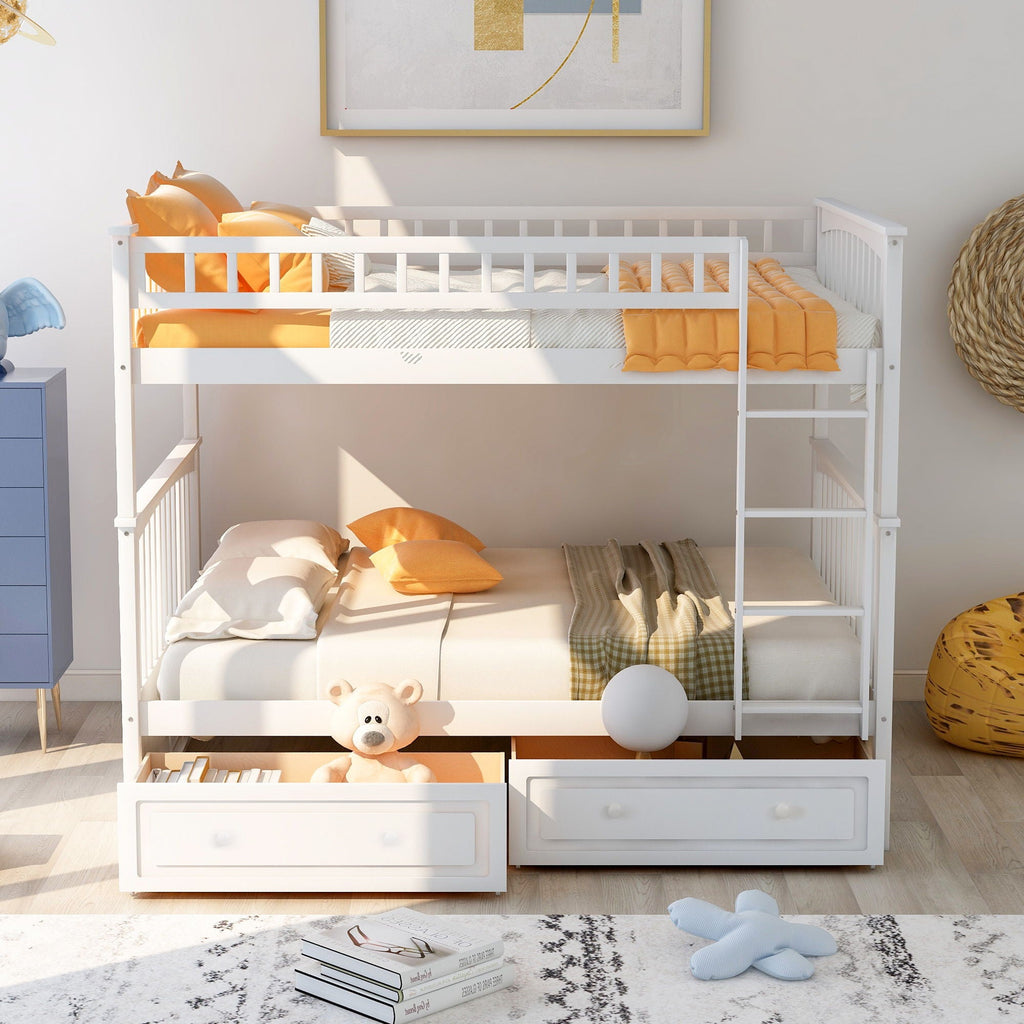 Convertible Bunk Bed With Drawers - Solid Wood with Storage - White, Dark Brown or Dark Gray