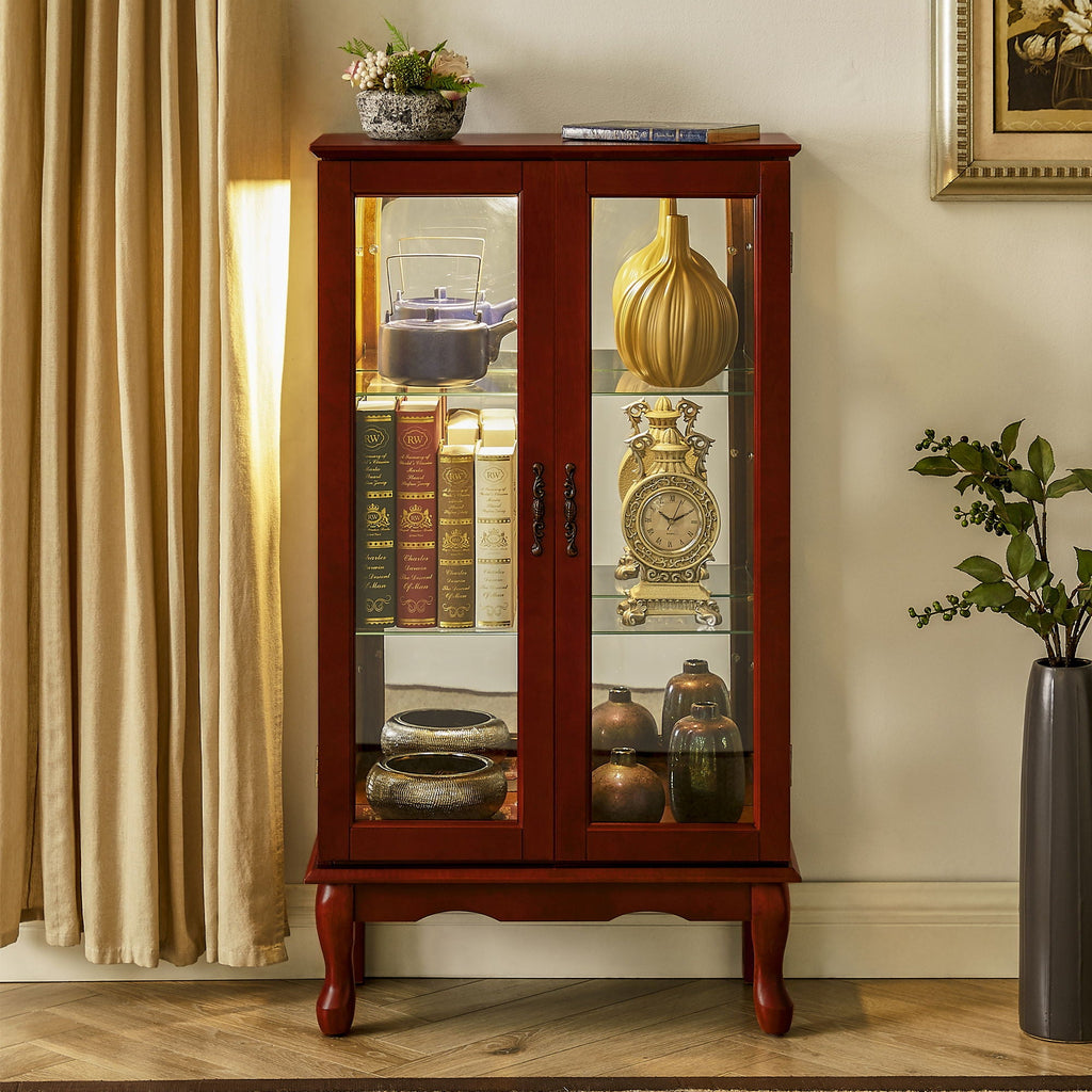 Lighted Curio Display Cabinet with Adjustable Shelves - Light Brown, Dark Brown, Dark Red