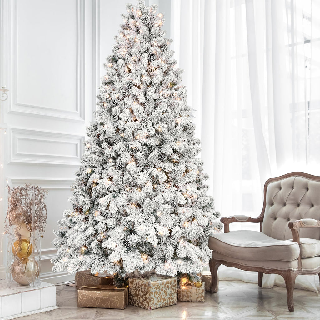 5FT Flocked Christmas Tree with 300 UL Lights and Pine Cones - White