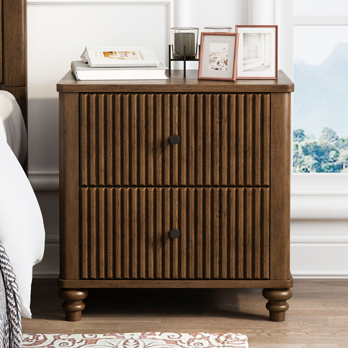 Modern Fluted Nightstand with 3 Drawers - Dark Brown or Light Brown