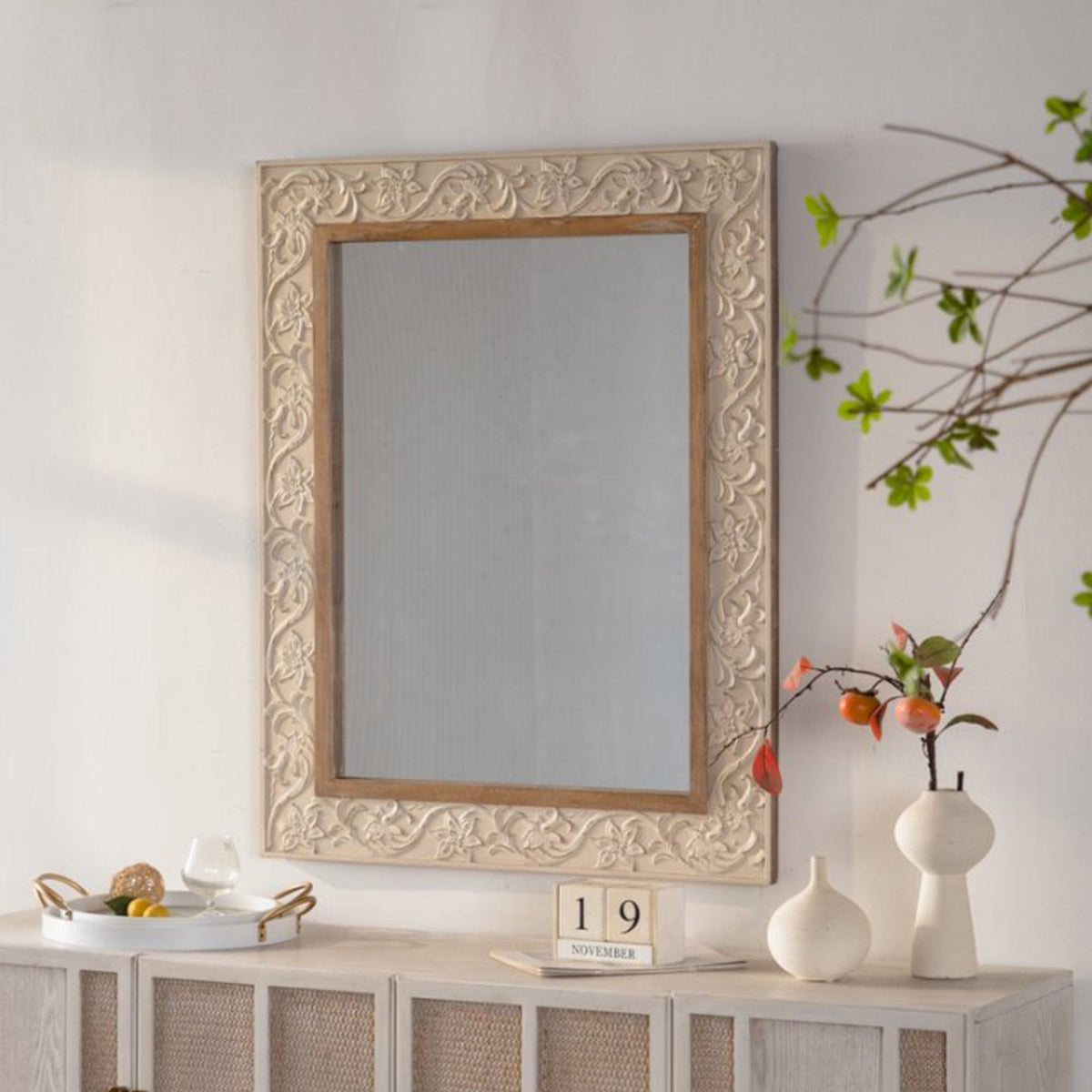 Vintage Carved Pattern Rectangular Wall Mirror with Ornate Frame - Natural