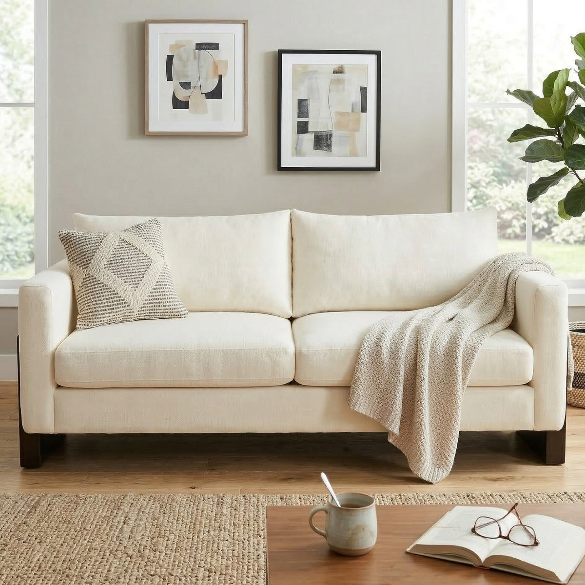 Modern 3-Seater Sofa with Rubberwood Legs - Beige or Brown