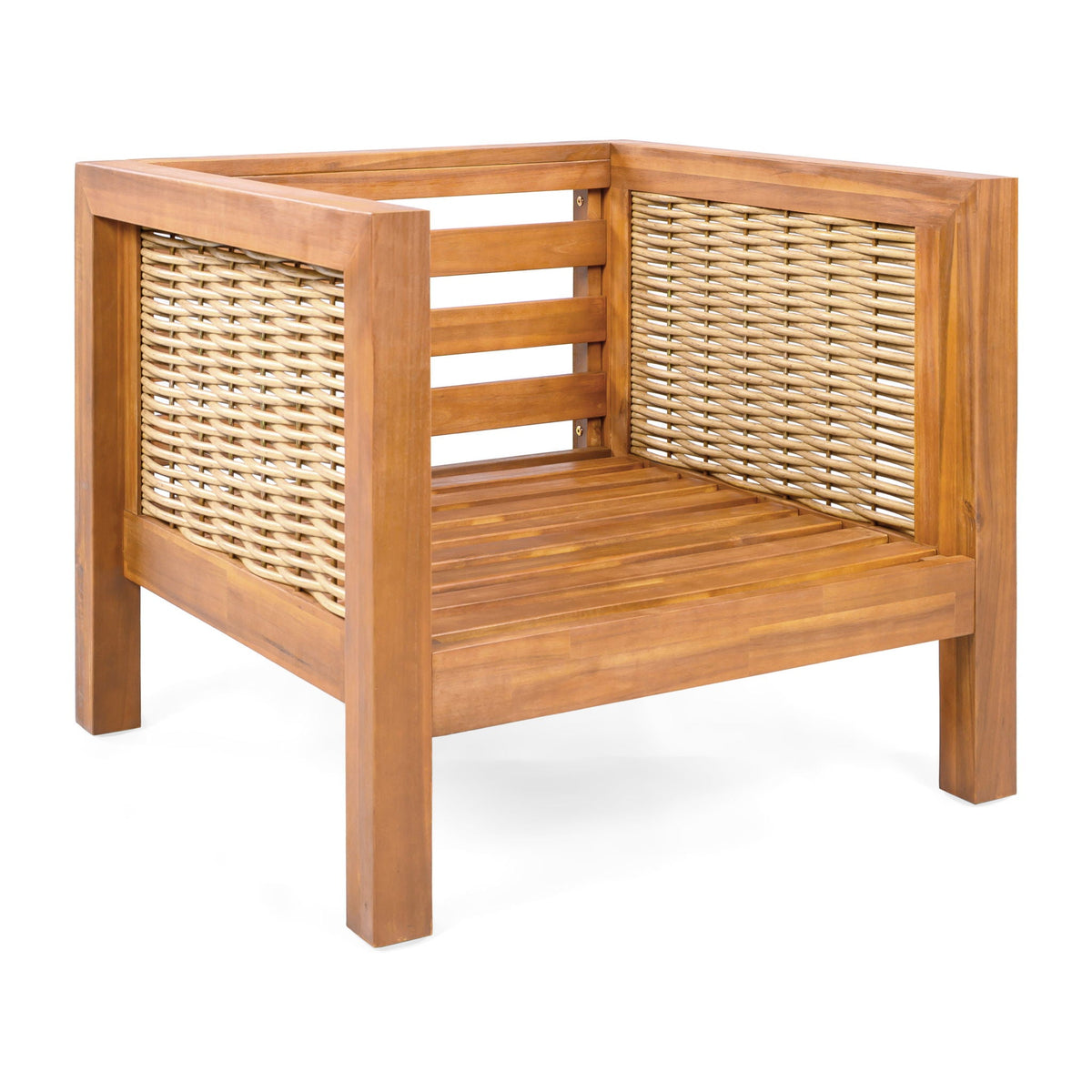 Outdoor Club Chair with Rope Arm and Cushions - Beige Teak