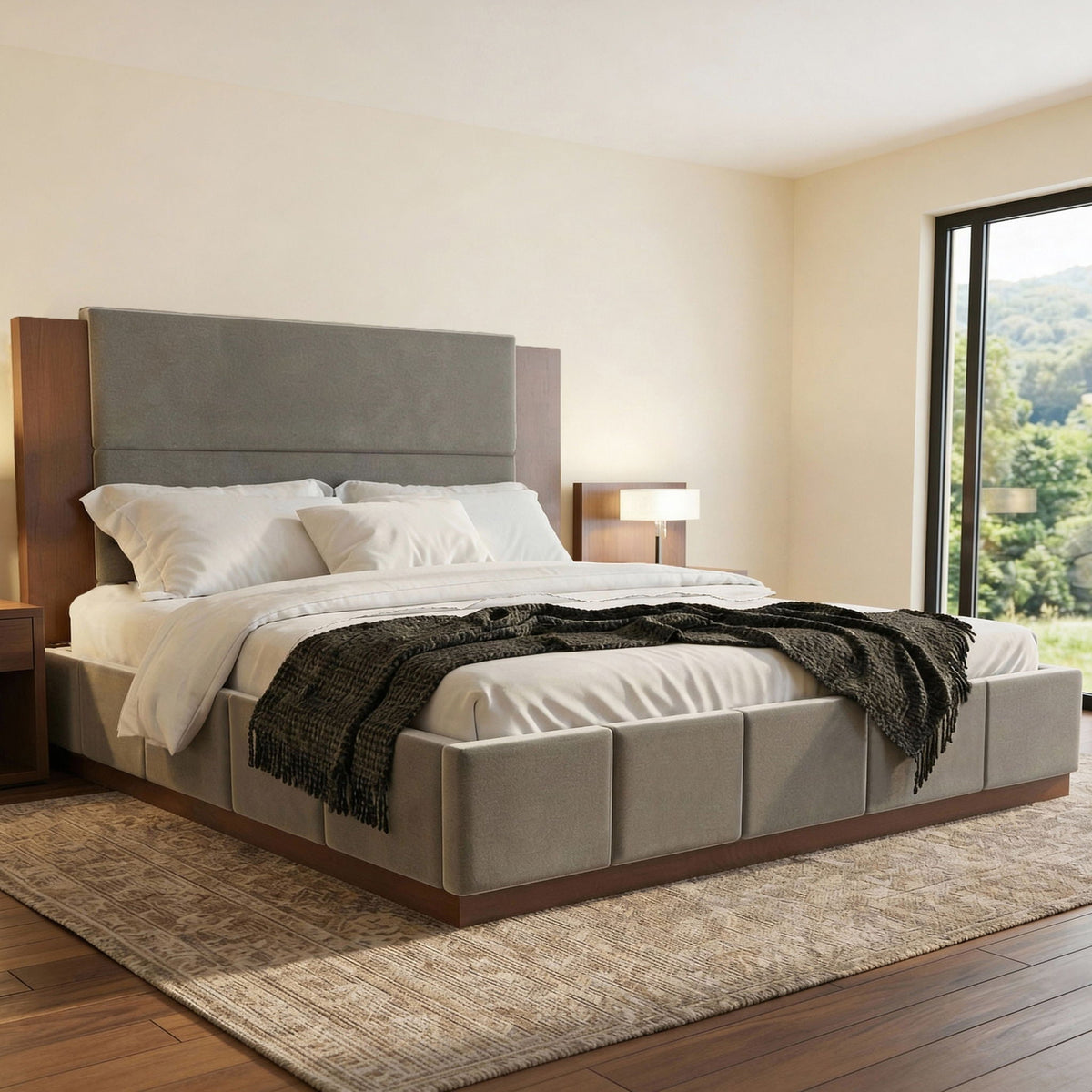 Modern Upholstered Platform Bed with Extended Headboard - Queen or King
