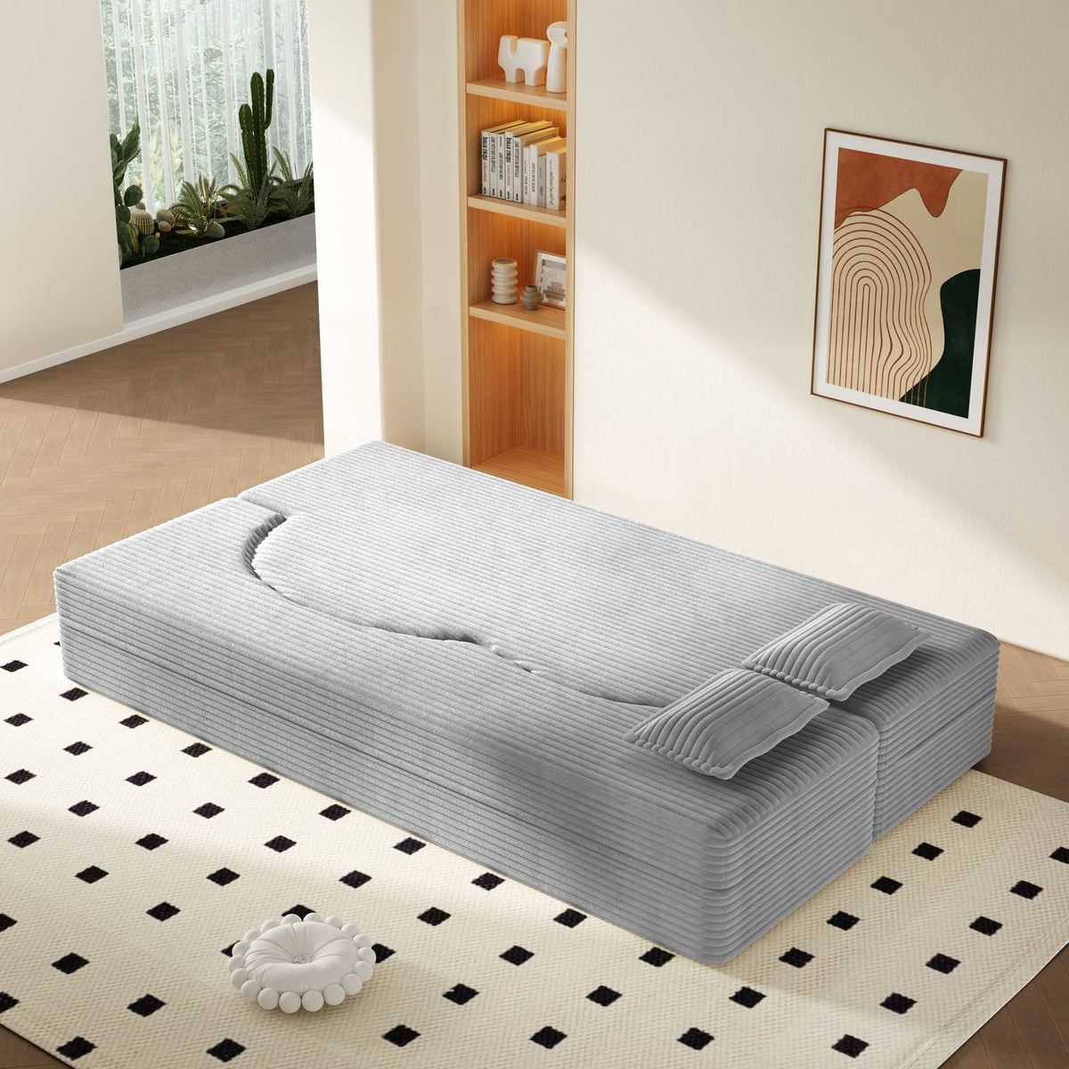 Convertible Floor Sofa with 2 Pillows - Twin Size Corduroy - White or Gray
