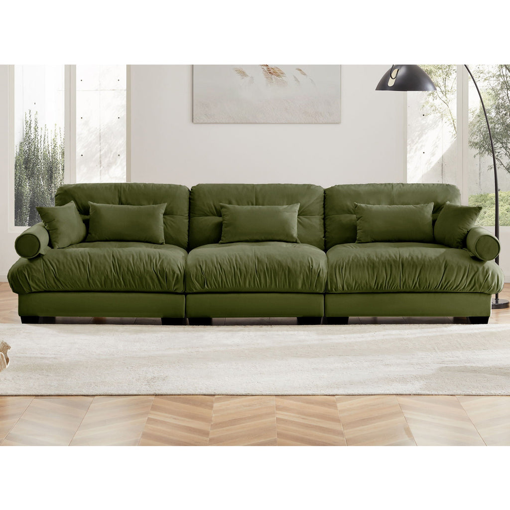 Modern Sofa with Bolstered Armrests and Pillows - Beige or Dark Green