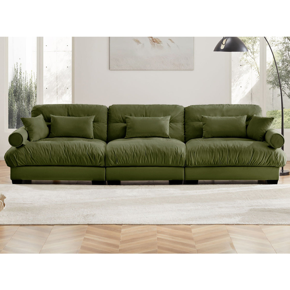 Modern Sofa with Bolstered Armrests and Pillows - Beige or Dark Green