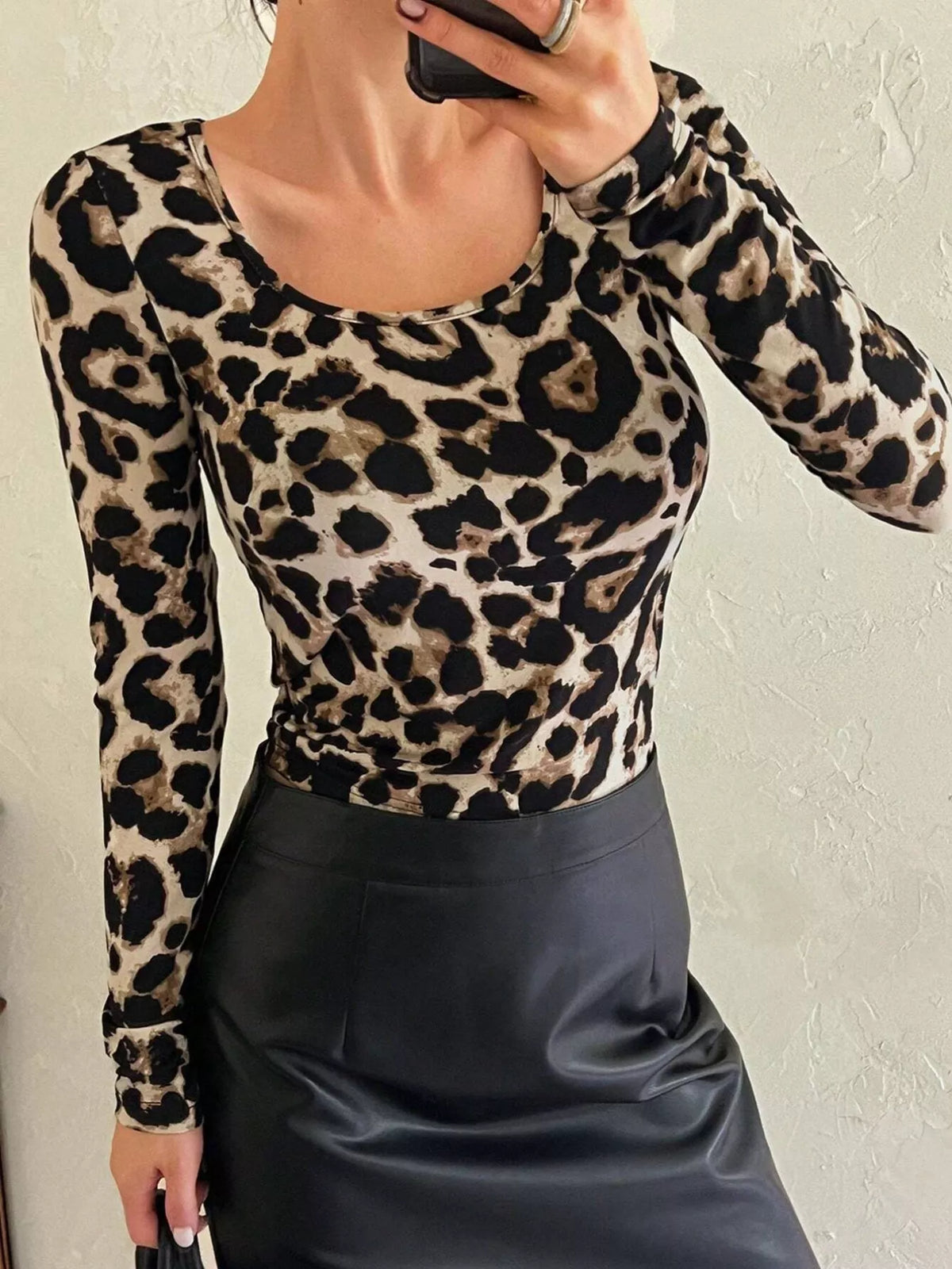 Leopard Print Square Neck Long Sleeve Top