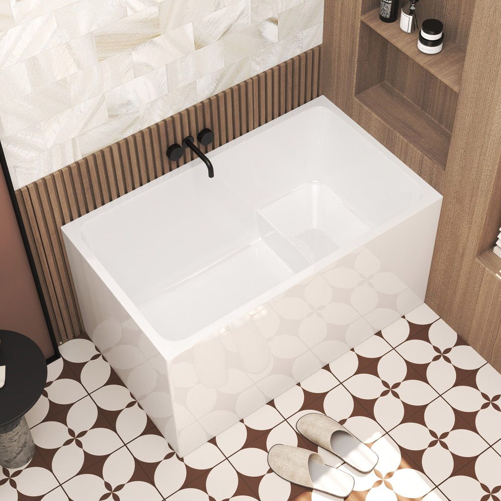 Gloss Freestanding Bathtub with Built-In Seat - White
