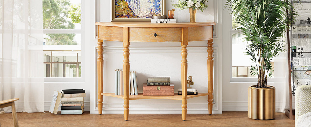 Farmhouse Half Moon Console Table with Drawer & Shelf - Rustic Finish