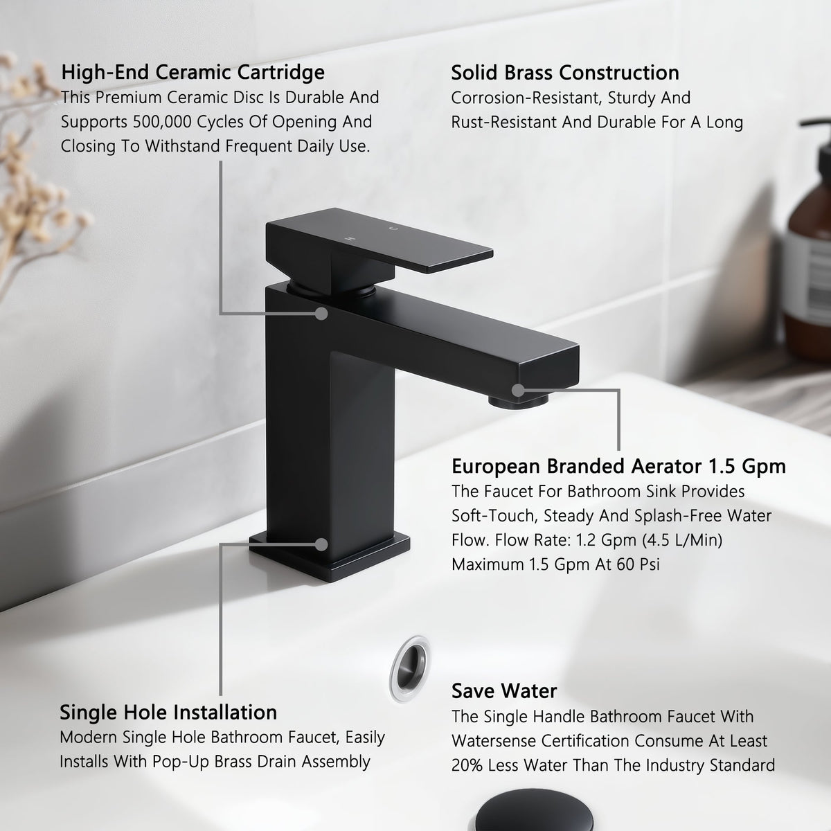 Single Handle Bathroom Faucet with Water-Saving Aerator - Matte Black