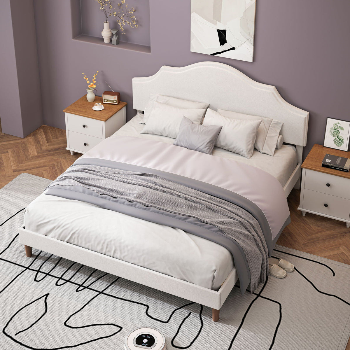 King Upholstered Platform Bed Frame with Adjustable Headboard - White