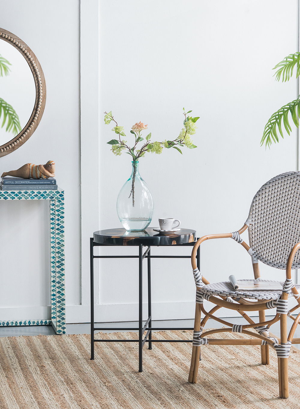 Black and Brown Side Table with Teak Root Wood and Iron Frame