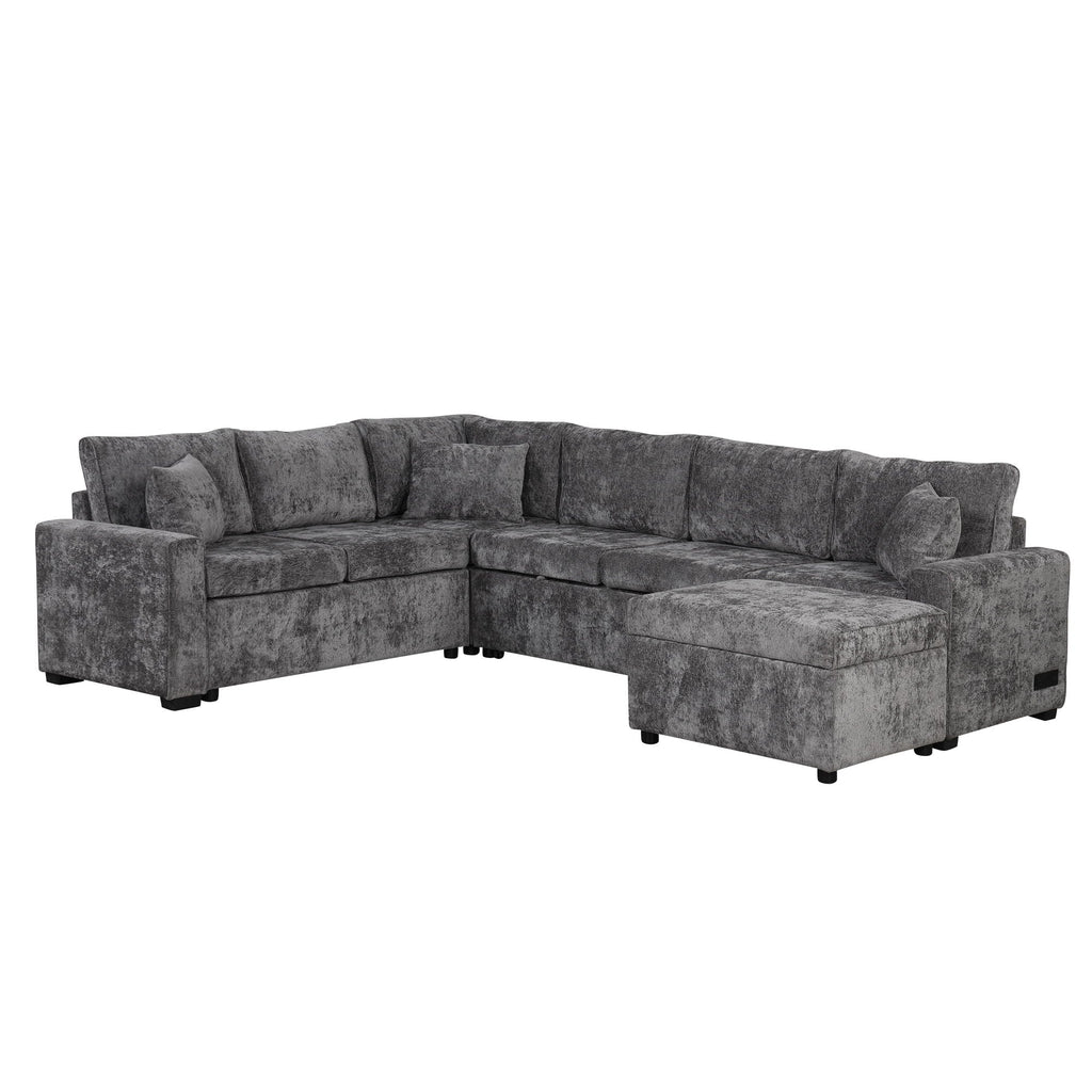 Sleeper Sectional Sofa with Storage Ottoman and USB Charging - White or Dark Gray