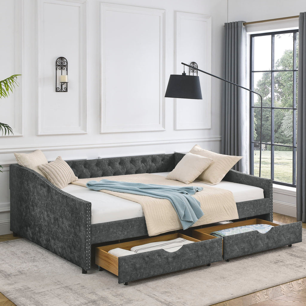 Upholstered Tufted Daybed with 2 Drawers and Waved Arms - Multiple Colors