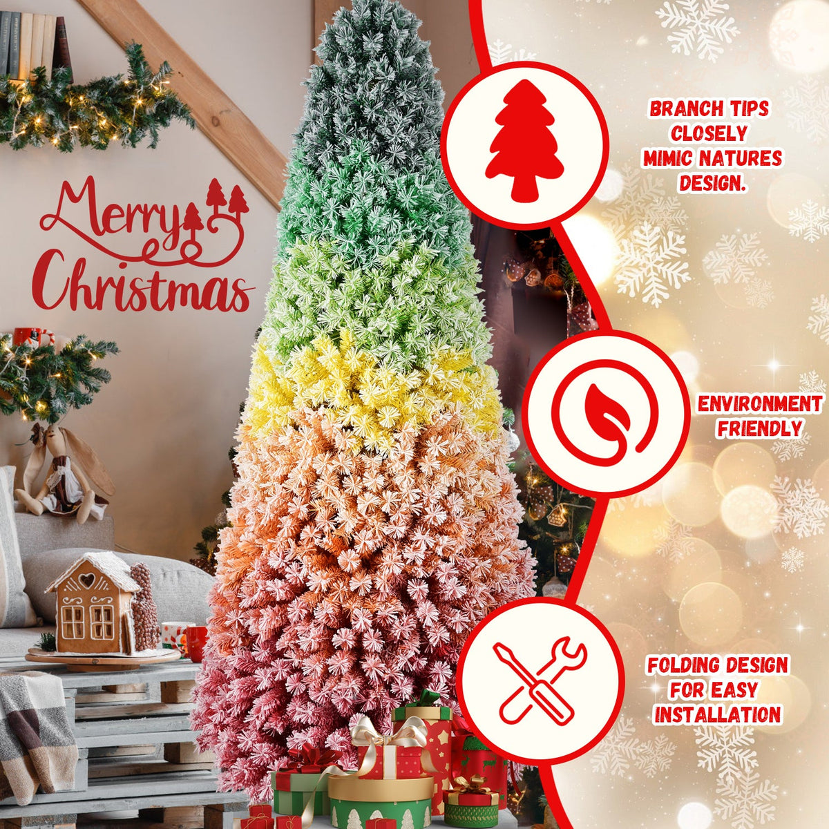 7.5ft Rainbow Gradient Flocked PVC Christmas Tree with Sturdy Metal Stand - Multi-Color