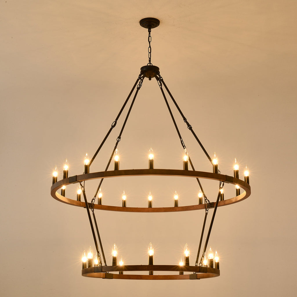 Large Solid Wood Wagon Wheel Chandelier with 2-Tier 32 Lights