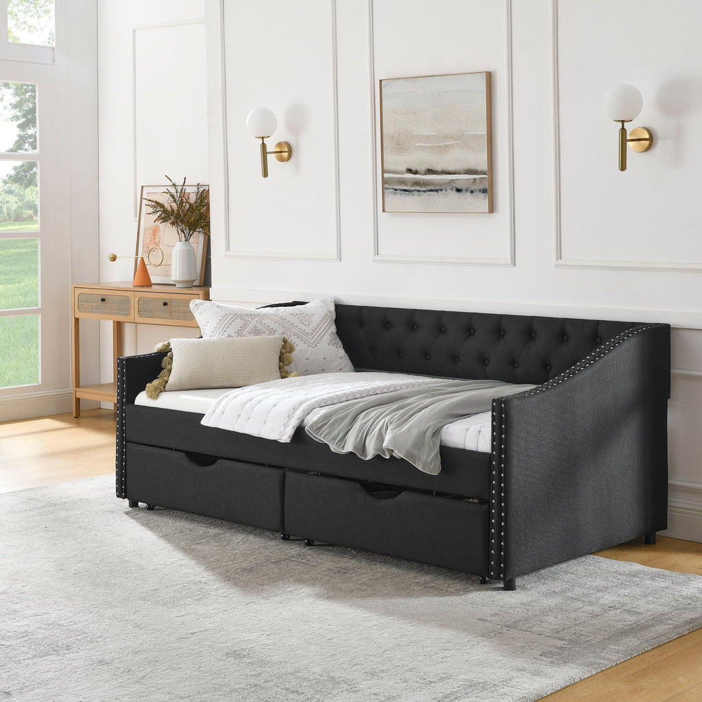 Upholstered Tufted Daybed with 2 Drawers and Waved Arms - Multiple Colors