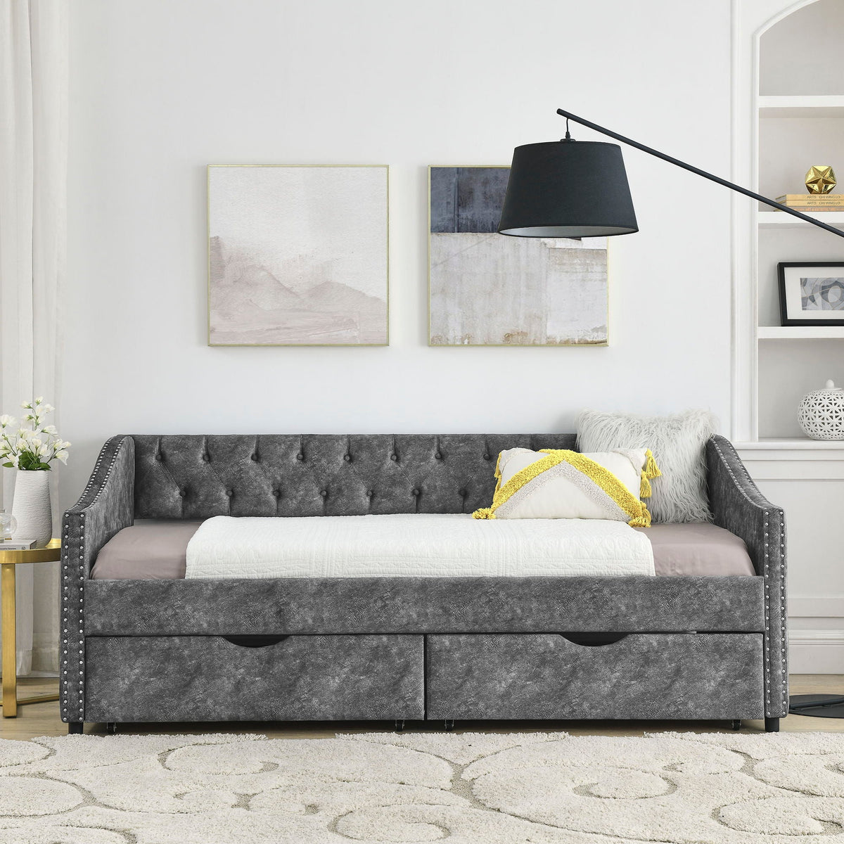 Upholstered Tufted Daybed with 2 Drawers and Waved Arms - Multiple Colors