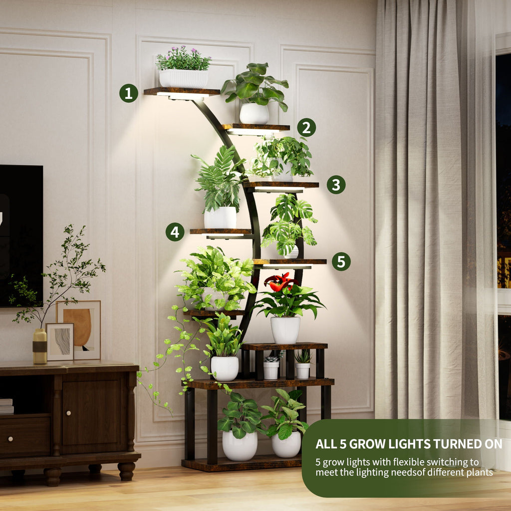 9 Tiered Indoor Plant Stand with 5 Adjustable Grow Lights - Light Brown