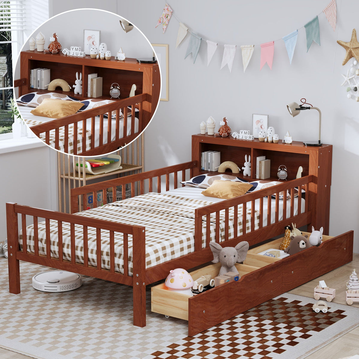 Twin Storage Bed with Headboard Rack & Under-Bed Drawers - Multiple Colors