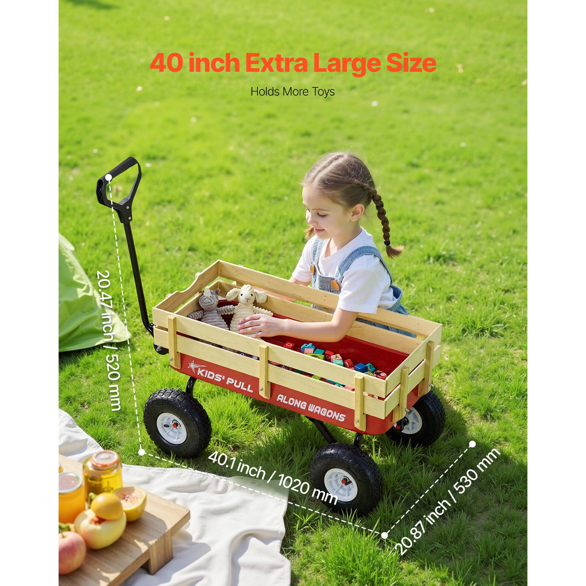 Pull-Along Wagon for Kids with Wooden Panels & Handle - 39 Inch