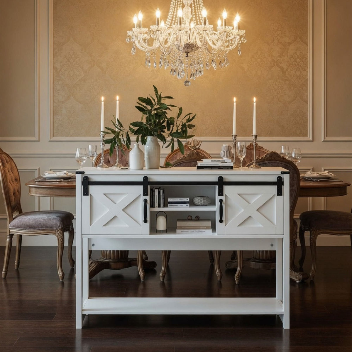 Farmhouse Entryway Table with Sliding Barn Door - Gray, Dark Gray, White, Black