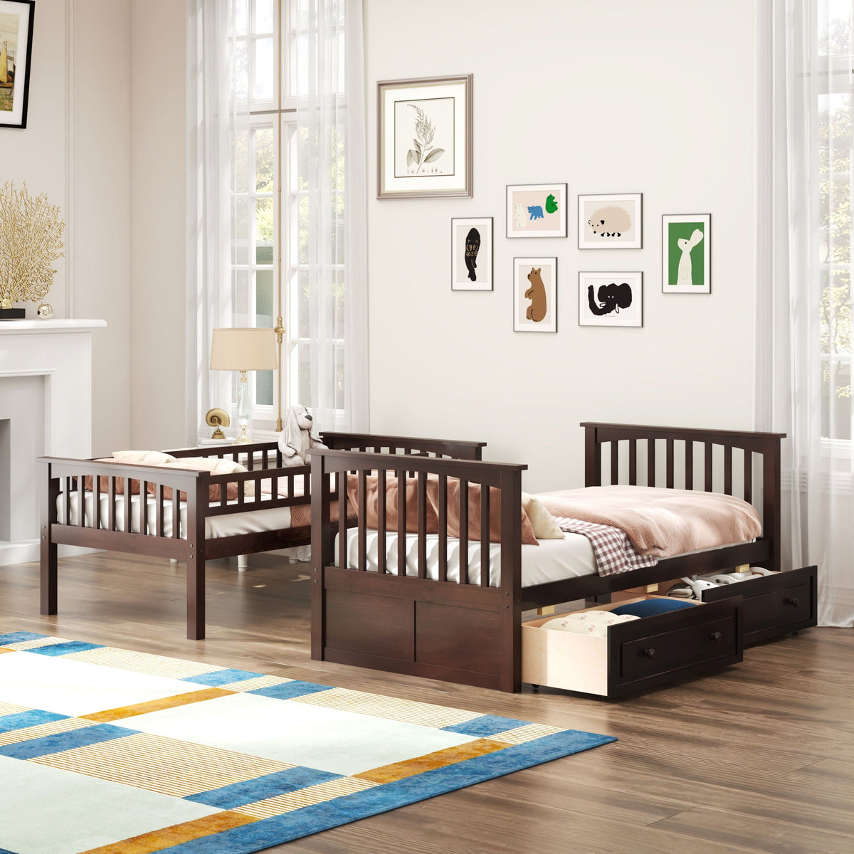 Convertible Bunk Bed With Drawers - Solid Wood with Storage - White, Dark Brown or Dark Gray