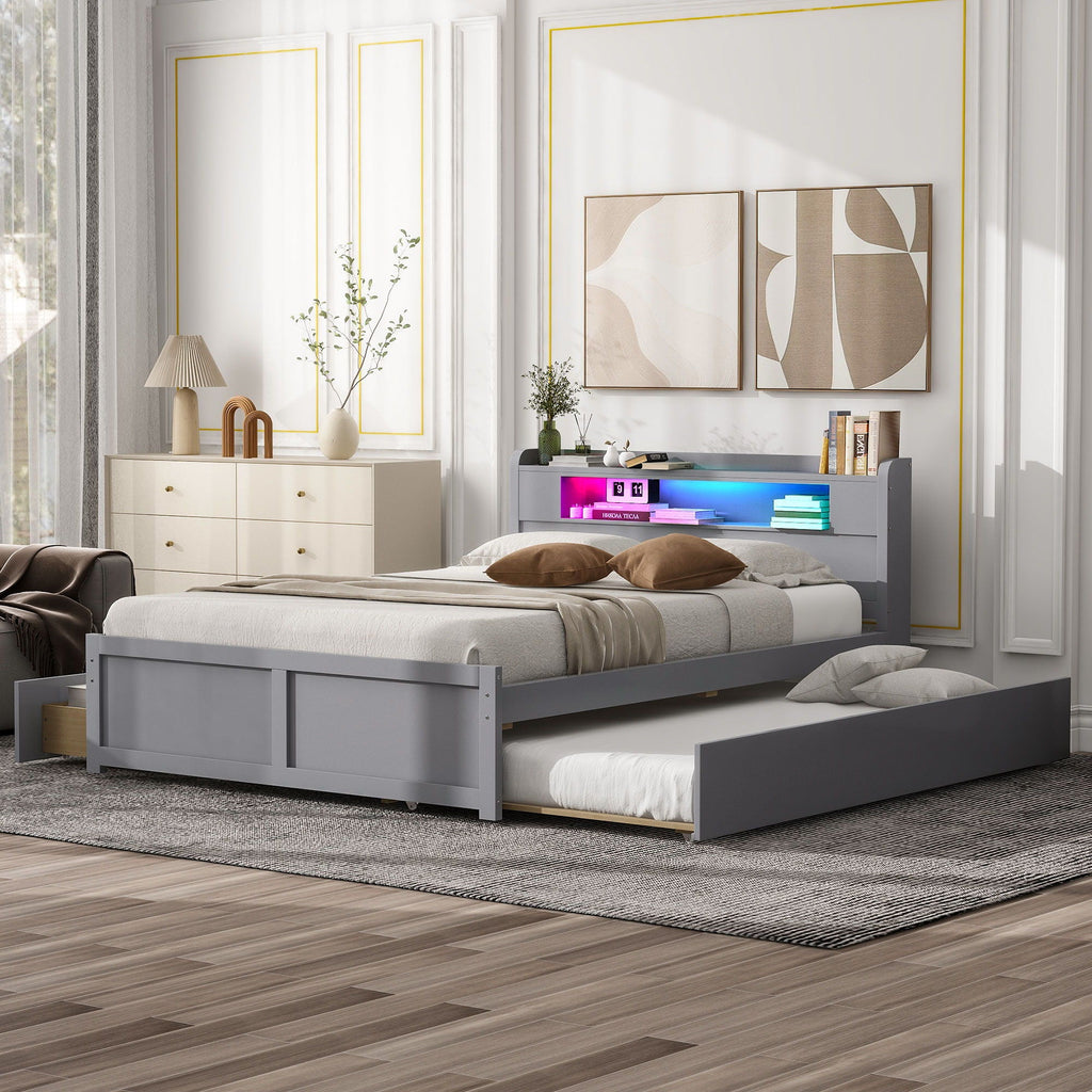 Storage Platform Bed with LED Lights, 2 Drawers and Trundle - Queen