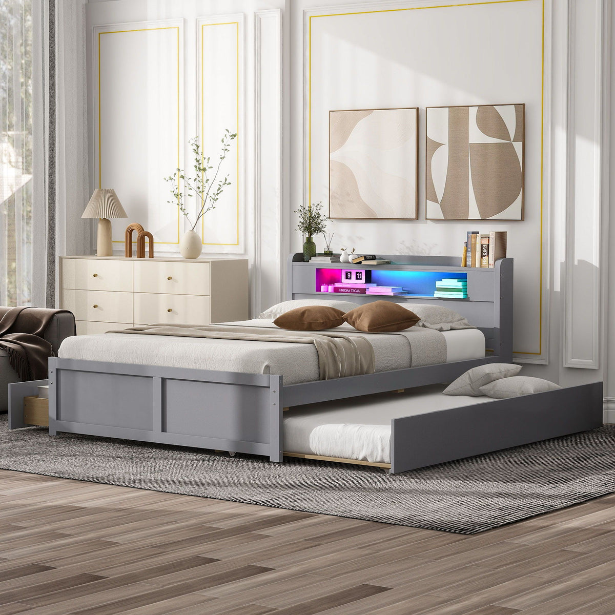 Storage Platform Bed with LED Lights, 2 Drawers and Trundle - Queen