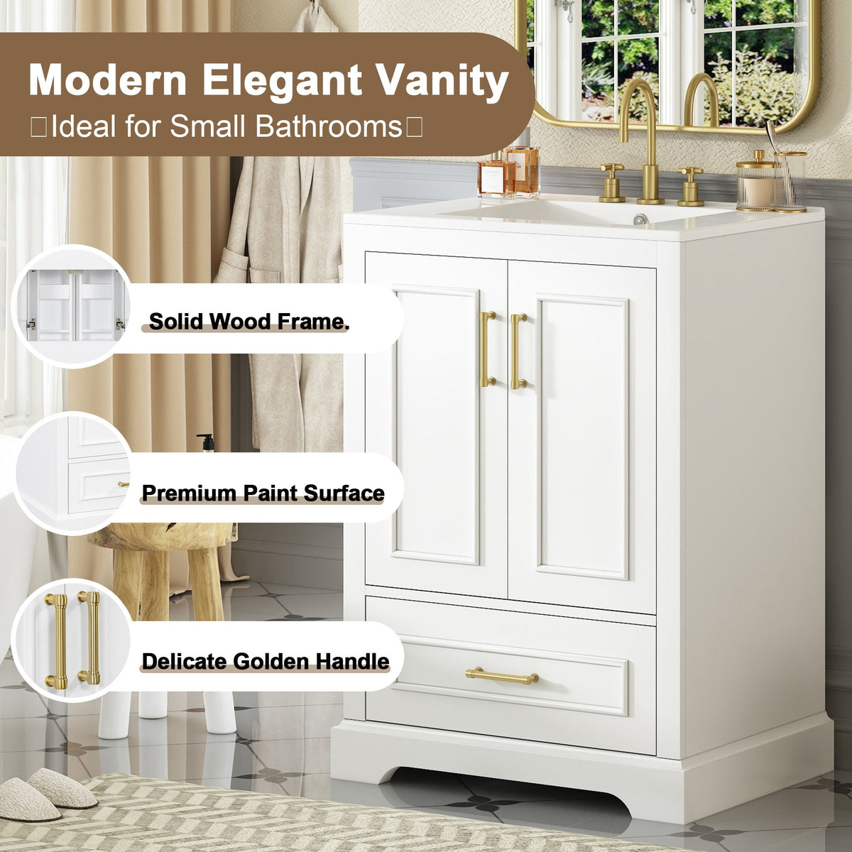 Bathroom Vanity with Sink and Soft Close Doors - White, Black, Green, or Gray