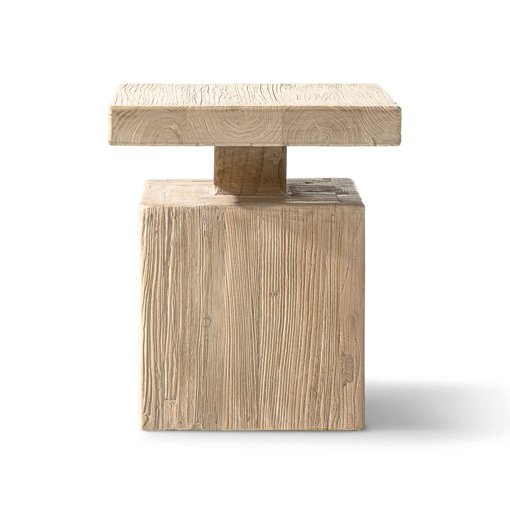 Solid Block Plinth End Table with Reclaimed Elm - Heritage Light Natural Brown