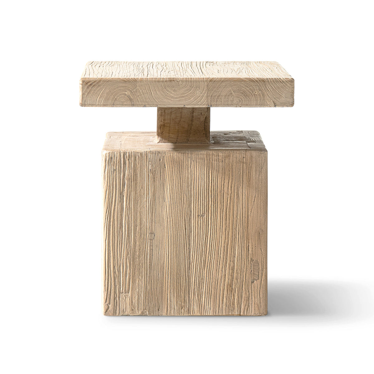 Solid Block Plinth End Table with Reclaimed Elm - Heritage Light Natural Brown