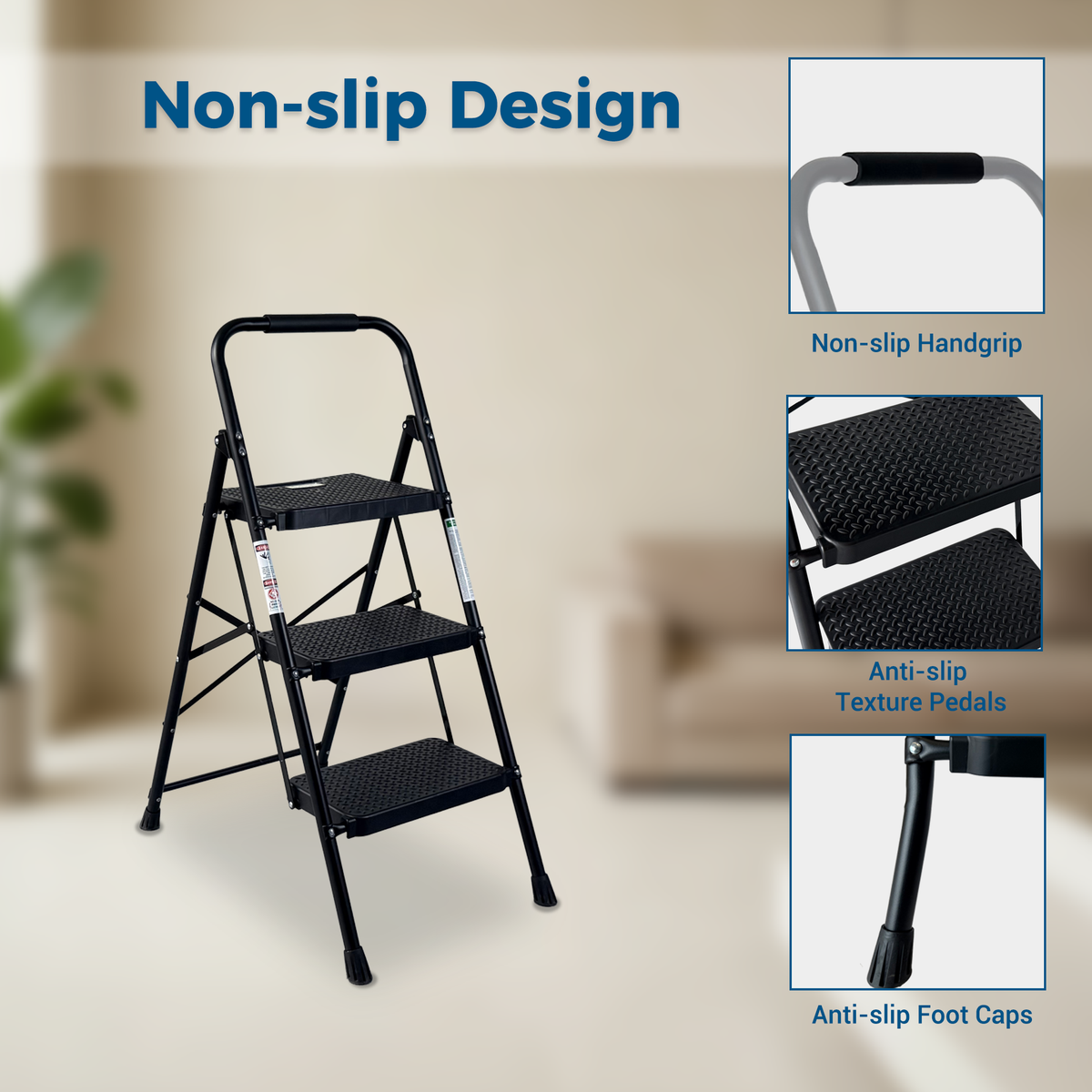3 Step Ladder Folding Step Stool with Wide Anti-Slip Pedal - Black