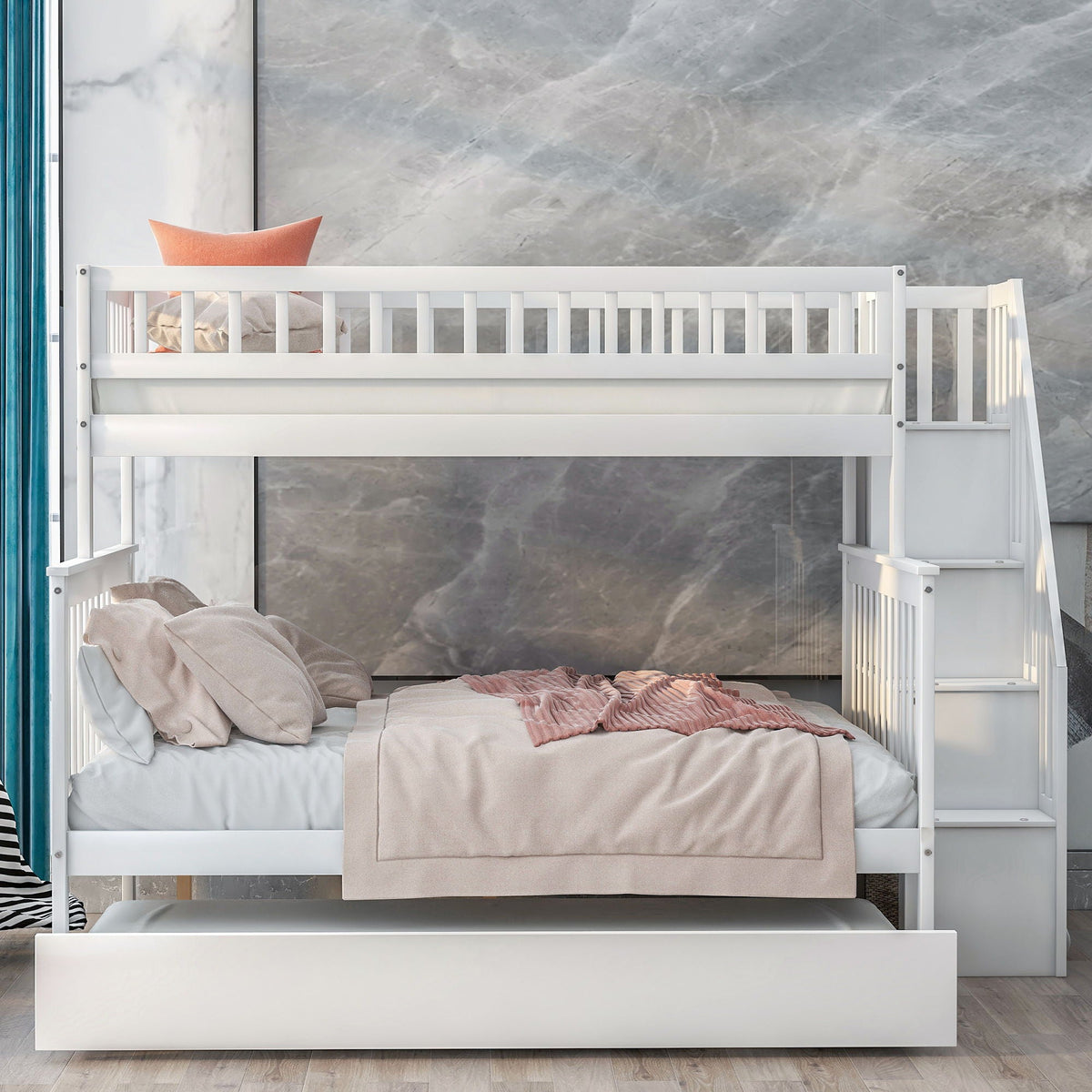 Bunk Bed with Staircase and Storage Options - Dark Gray or White