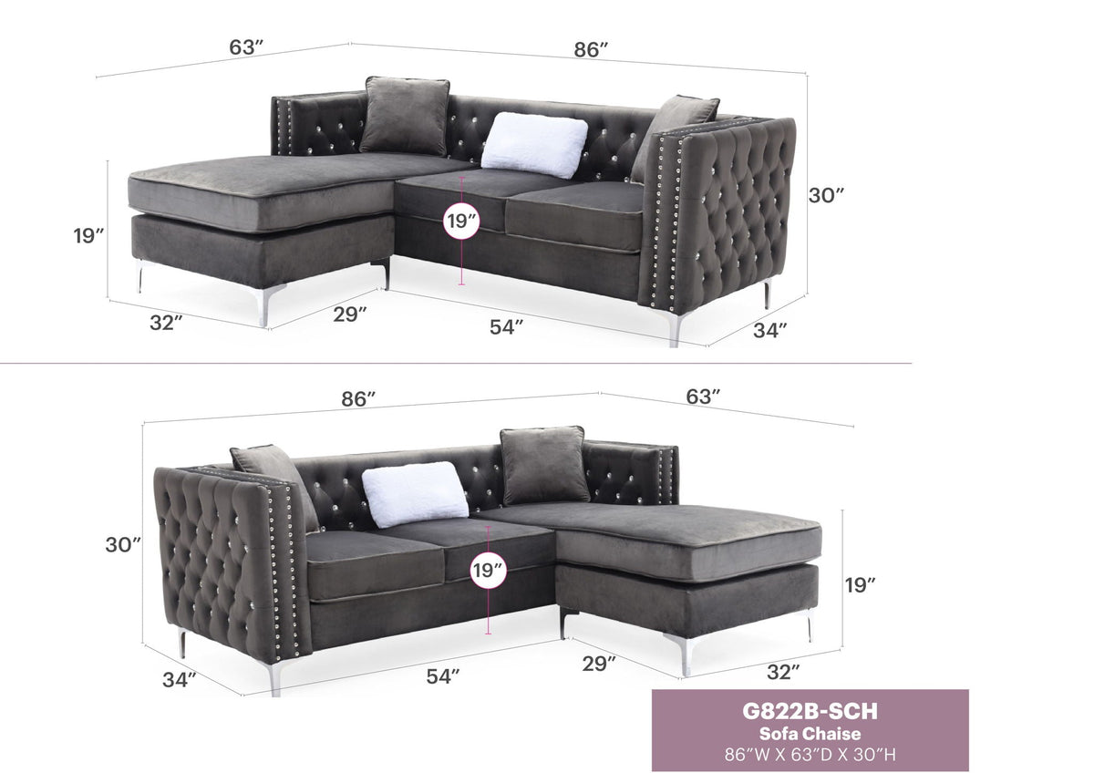 Sofa Chaise with Faux Jewel Tufting - Multiple Colors